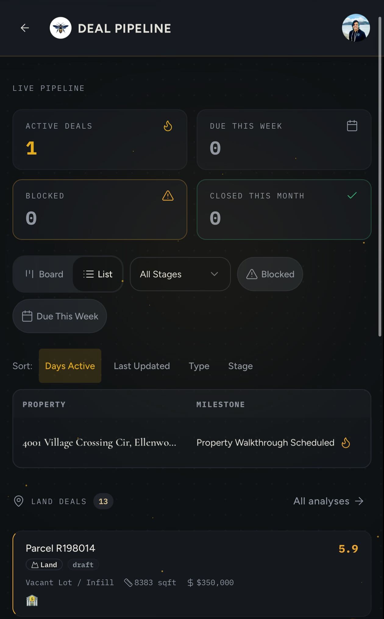 BlueBanded Deal Pipeline screen — active deals, due this week, blocked, and closed-this-month counters with a property milestone tracker