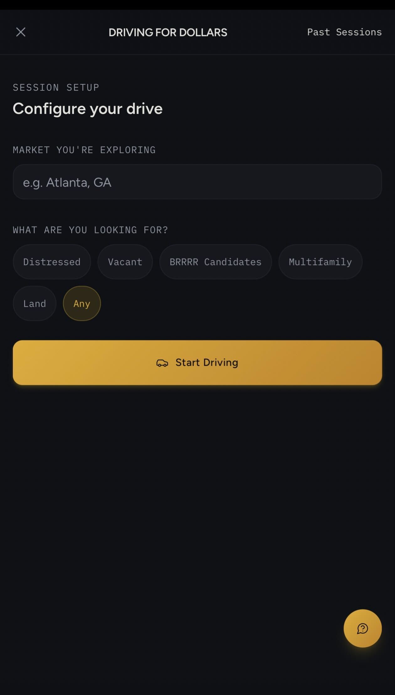 BlueBanded Driving for Dollars session setup screen — market input, deal type filters, Start Driving button