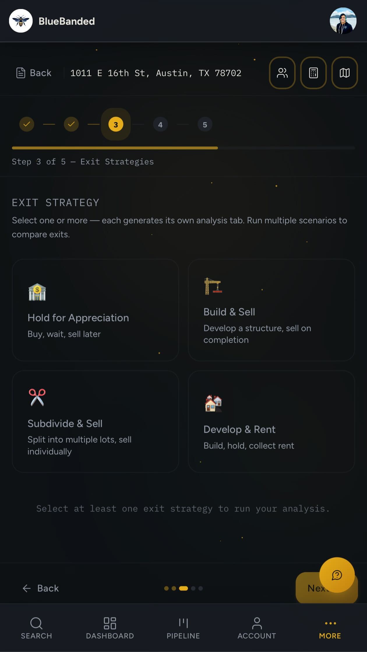 BlueBanded exit strategy selector — Hold for Appreciation, Build & Sell, Subdivide & Sell, Develop & Rent options in a 5-step wizard