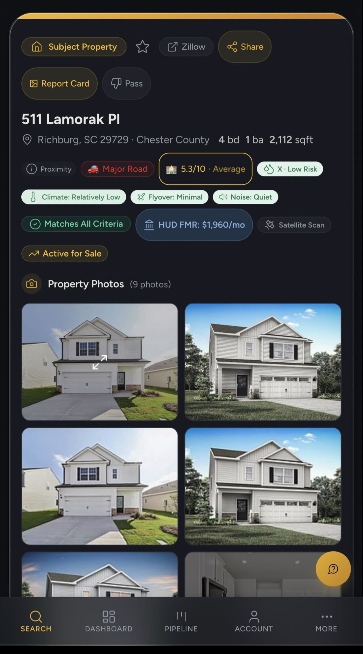 BlueBanded app — subject property analysis showing match criteria, HUD FMR, and property photos