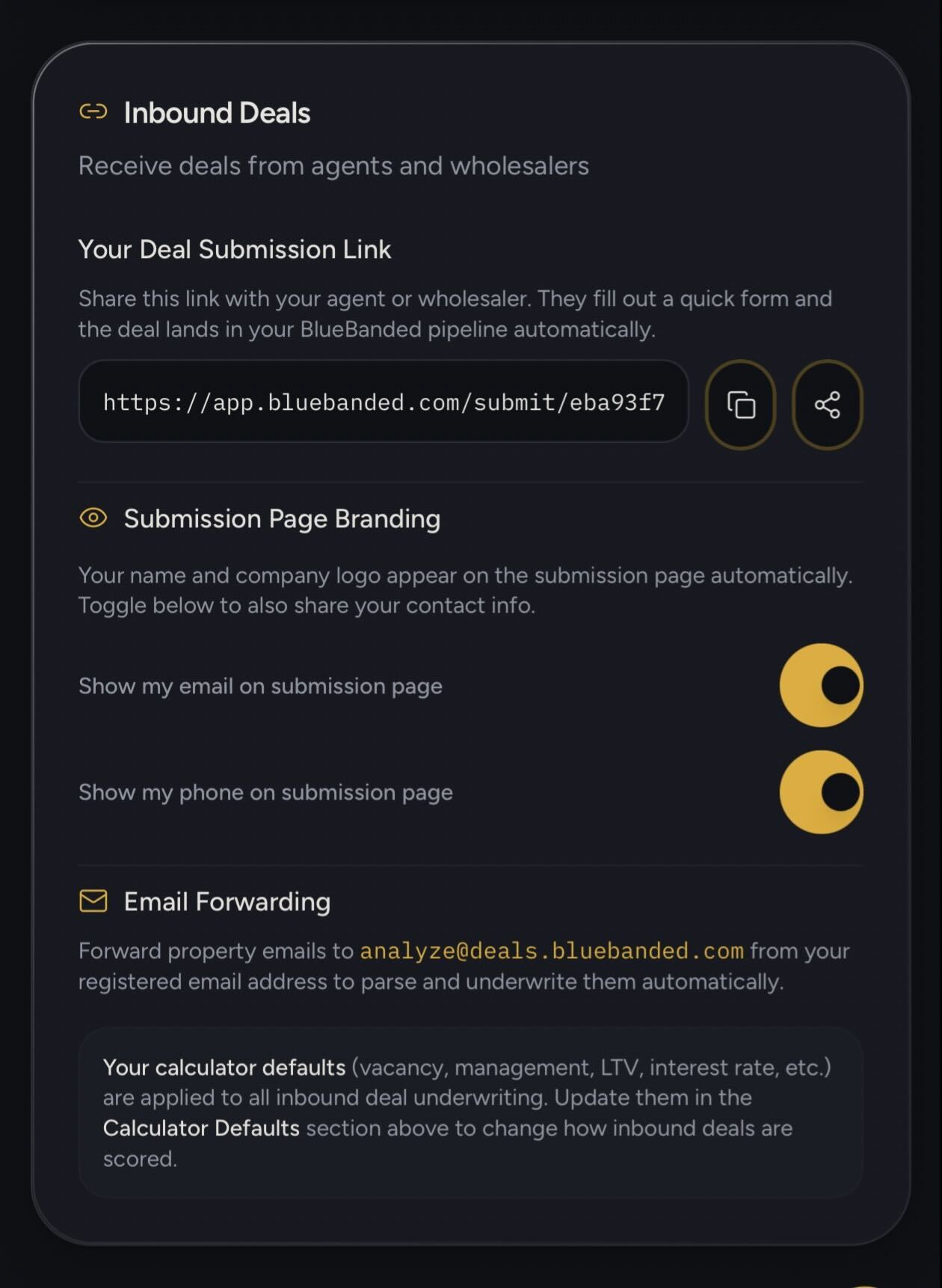 BlueBanded Inbound Deals settings — deal submission link, submission page branding toggles, and email forwarding configuration