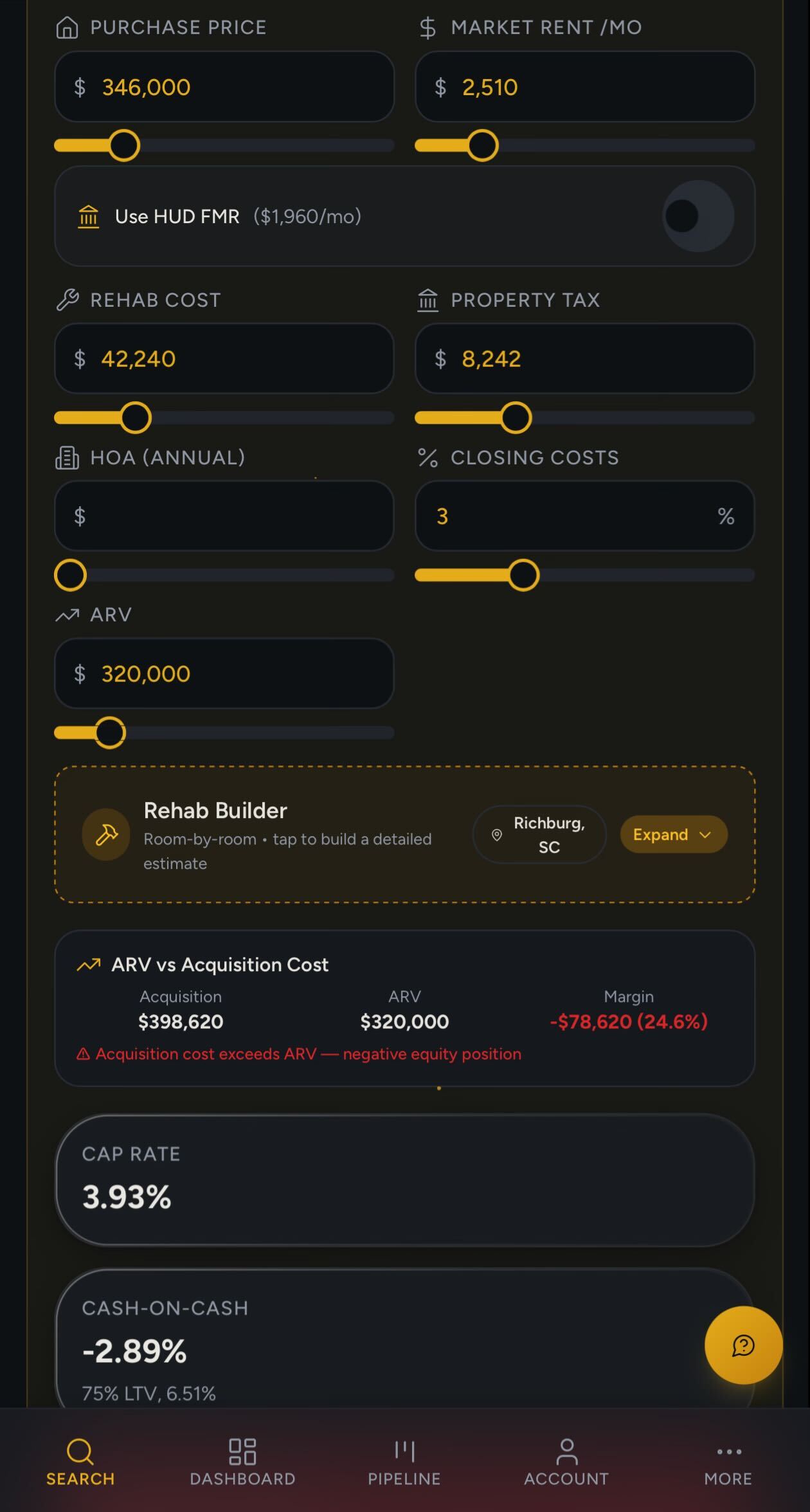 BlueBanded underwriting screen with live sliders for purchase price, rent, rehab cost, and ARV