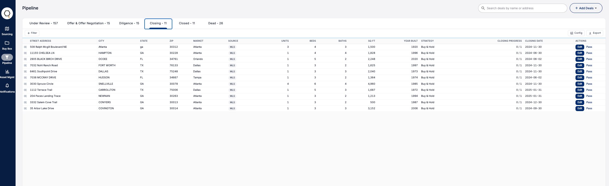 Honeycomb acquisition pipeline — tabbed view of deals by stage with full property details on each row