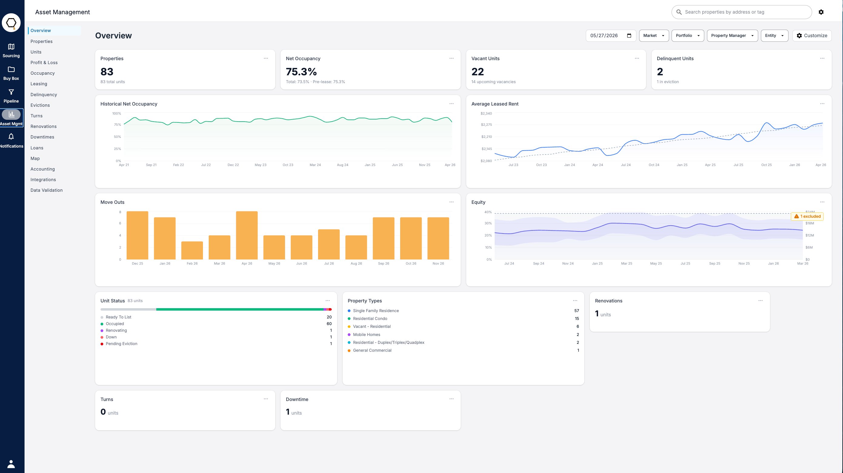 Honeycomb asset management module — live portfolio overview with occupancy, rent, and unit status
