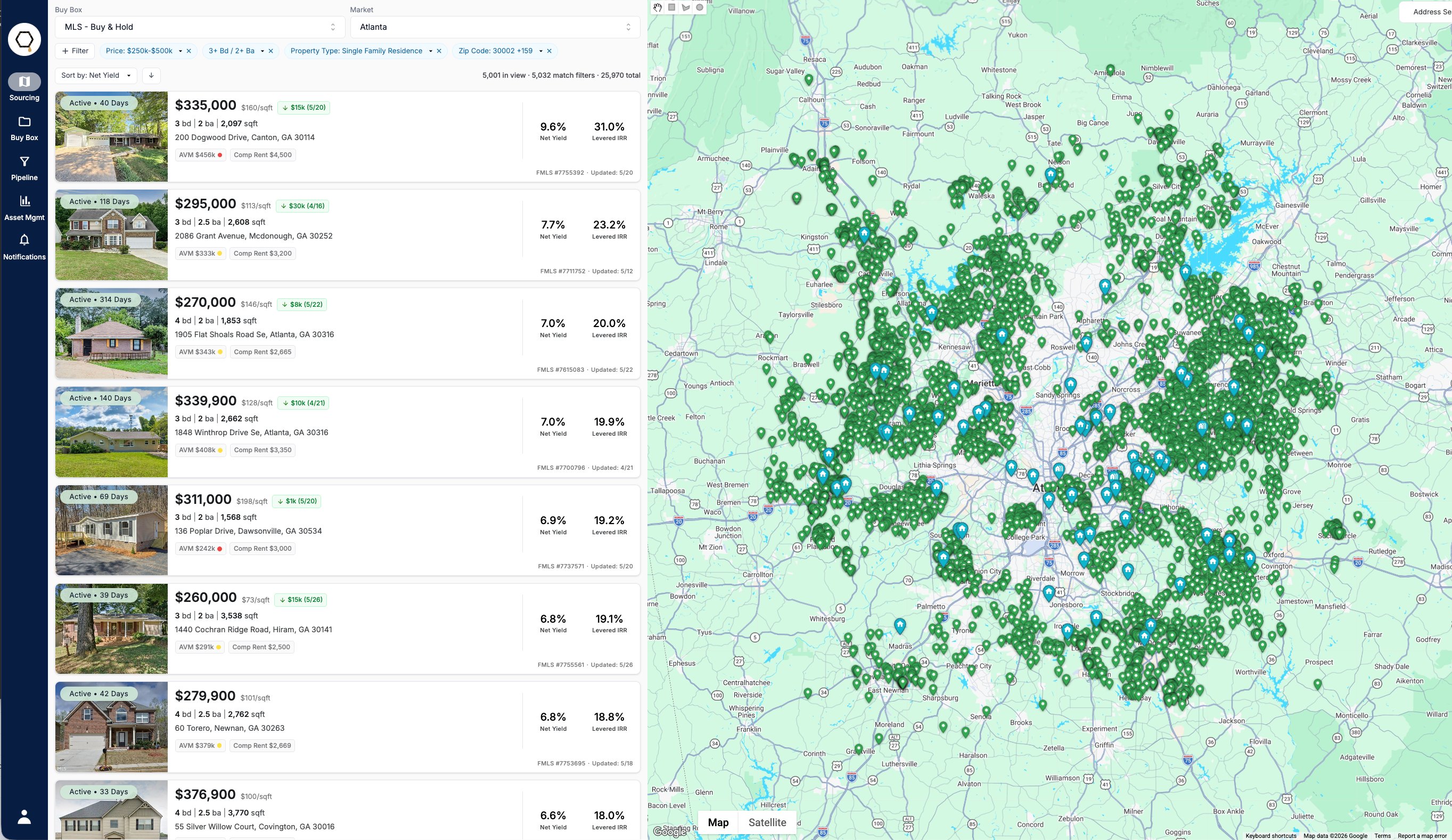Honeycomb sourcing module — daily ranked inventory with map view across the Atlanta market