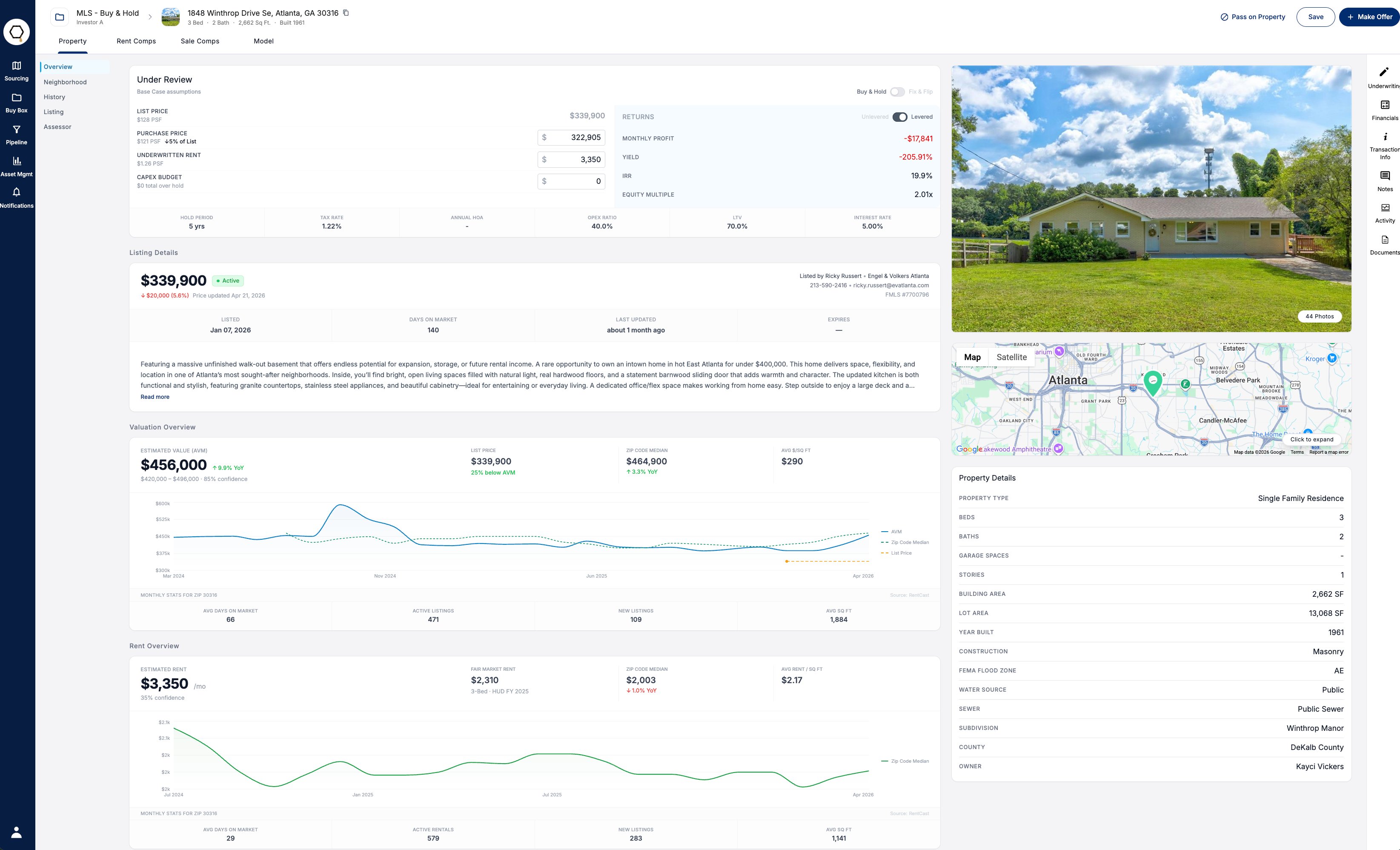 Honeycomb underwriting module — full deal analysis with returns, valuation, and rent overview